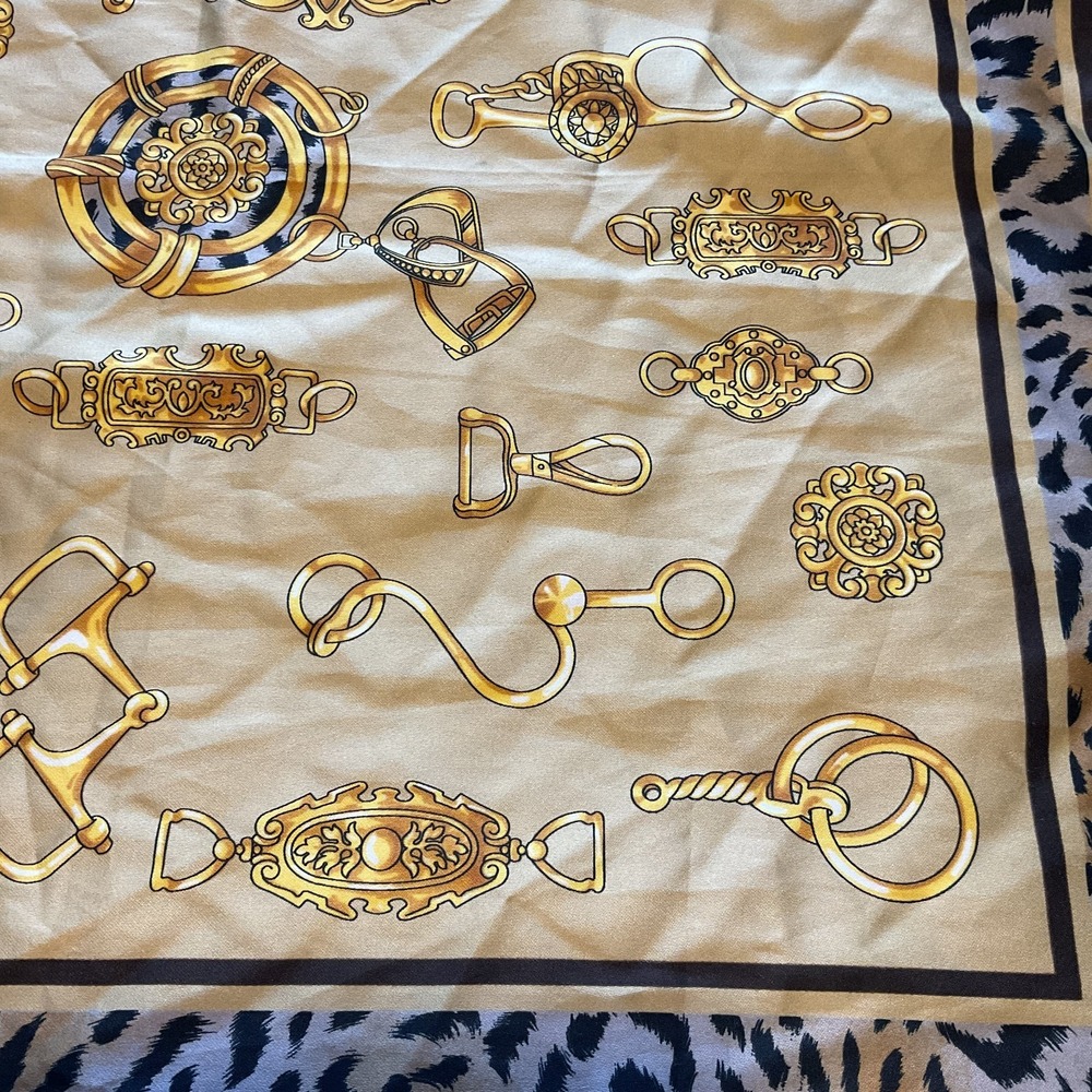 Equestrian Animal Print Scarf 20" X 20" square 100% Polyester Gold Beige Black - Picture 3 of 7